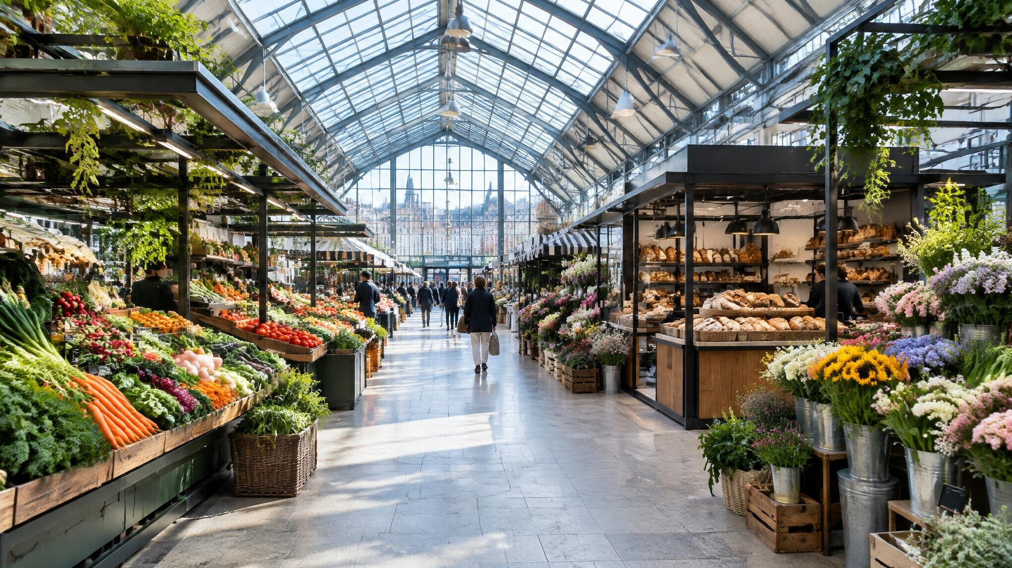 Fresh produce and food stalls inside a covered food market hall