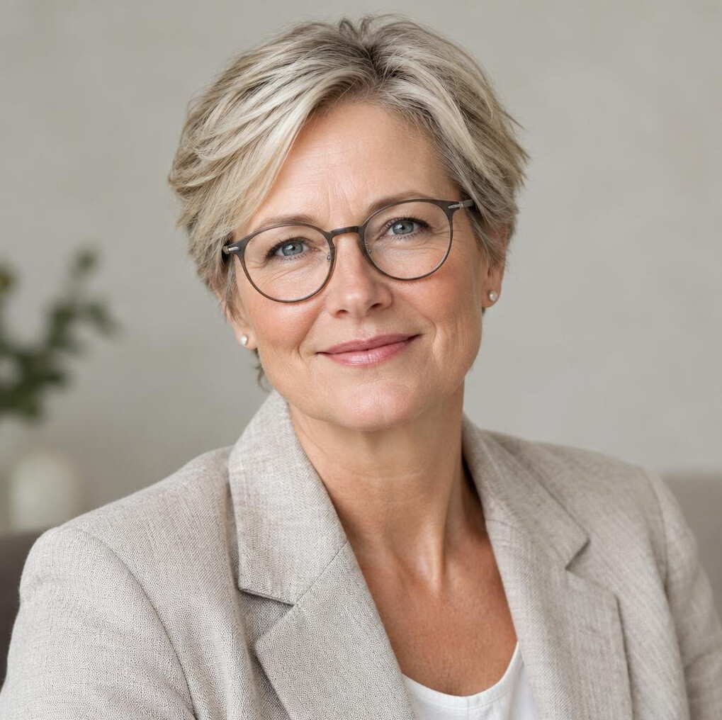 Studio portrait of an older Danish woman with glasses